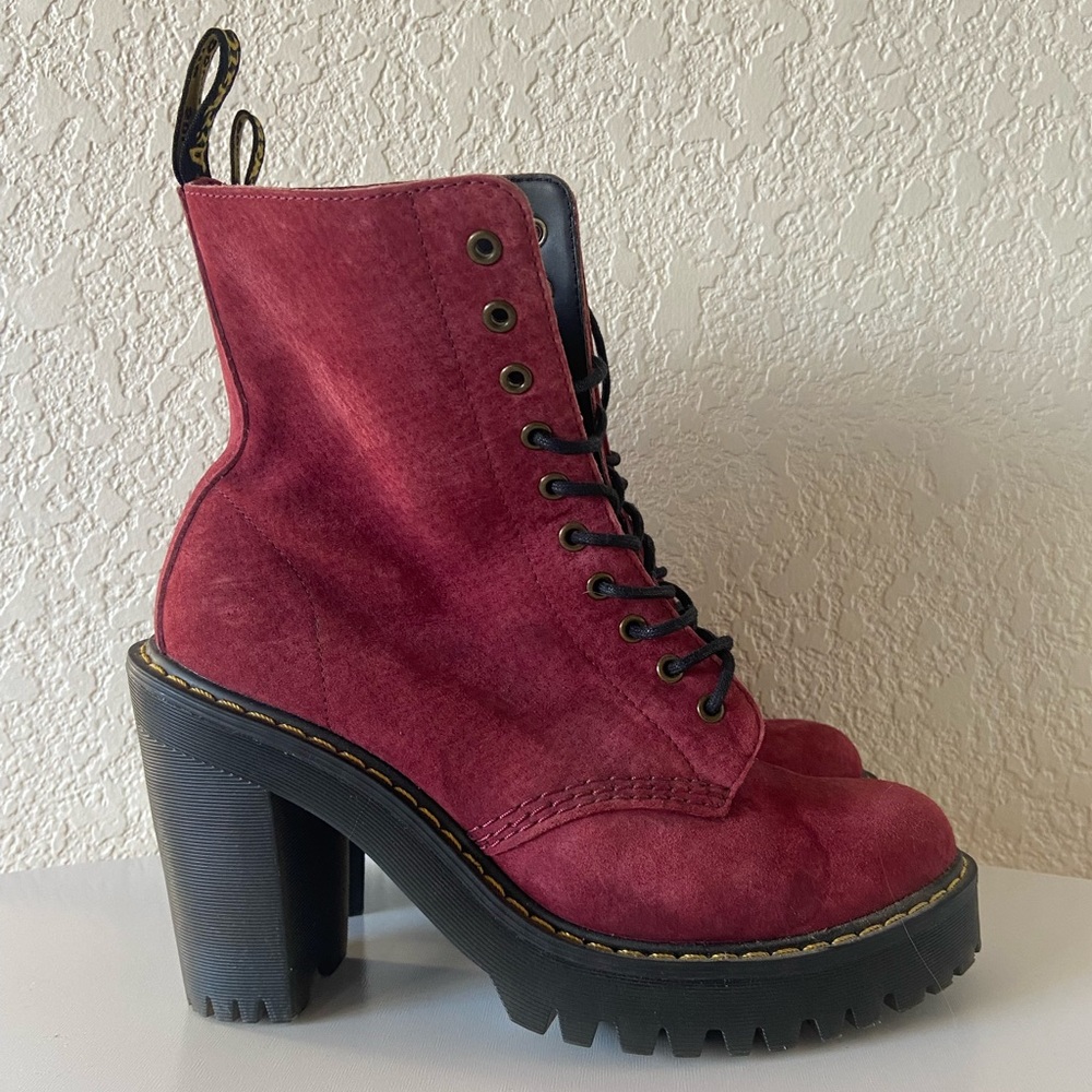 Dr. Martens Kendra Women’s Suede Red Wine Heeled Combat Boot Lace Up - Picture 2 of 8